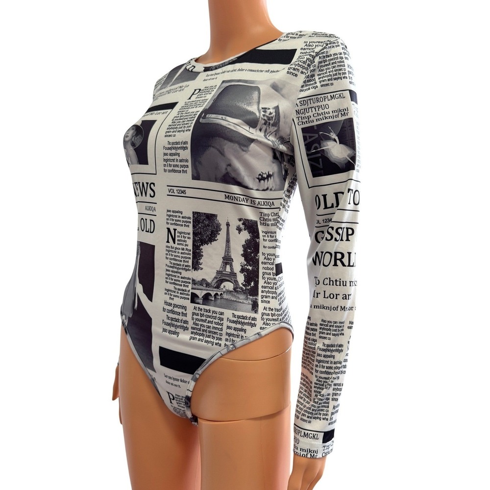 Bodysuit ChicMe Newspaper Print Womens M Long Sleeve Bodysuit Black Newspaper